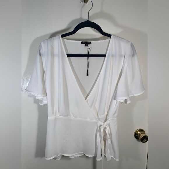 Shinestar NWOT white/ivory wrap style shirt sleeve blouse Size large - Picture 1 of 5